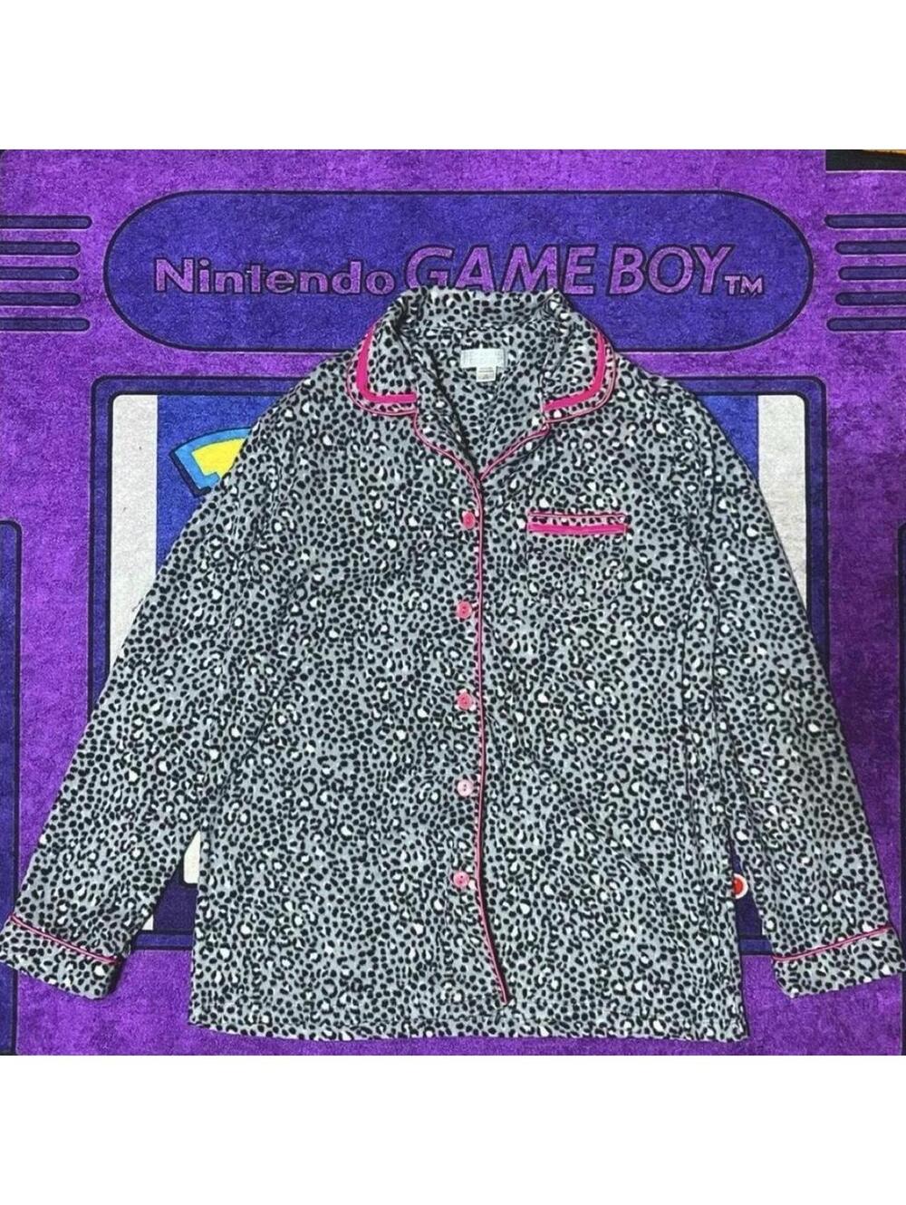 Y2K black white leopard print pajama button up shirt Size M